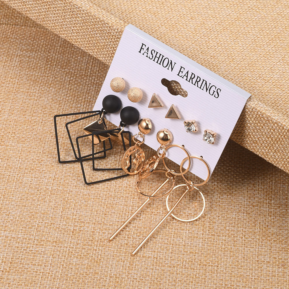 2022 new fashion beautiful 6pcs/set diamond earrings black punk exaggerated earrings pearl earrings golden triangle earrings hot selling gift for women