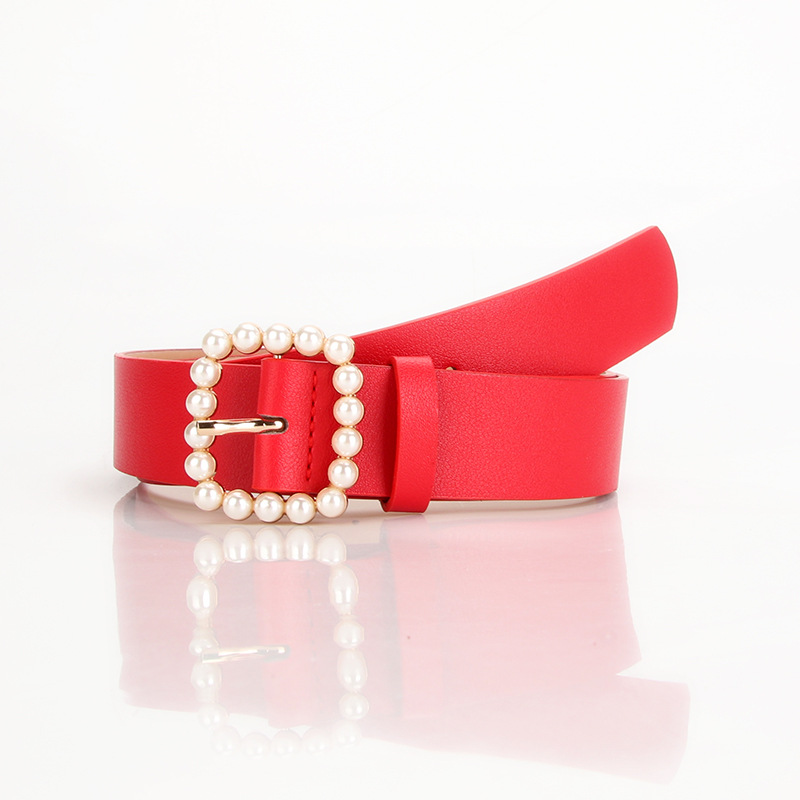 Hot selling fashion women's pearl belt pu belt square buckle pearl sweet elegant dress adornment belt