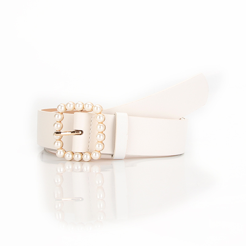 Hot selling fashion women's pearl belt pu belt square buckle pearl sweet elegant dress adornment belt