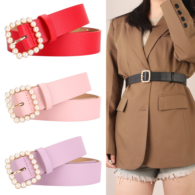 Hot selling fashion women's pearl belt pu belt square buckle pearl sweet elegant dress adornment belt