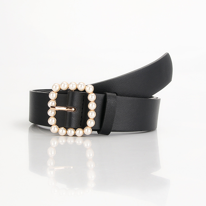 Hot selling fashion women's pearl belt pu belt square buckle pearl sweet elegant dress adornment belt