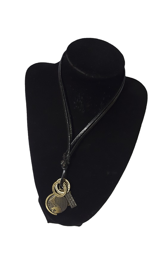 Black Leather Necklace with World Pendant