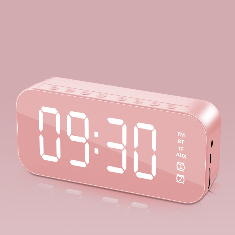 Creative Wireless Bluetooth Speaker Mirror Clock Alarm Clock Wireless Bluetooth Speaker Radio Broadcast Card Speaker New Alarm Clock Audio Stylish PinkPink