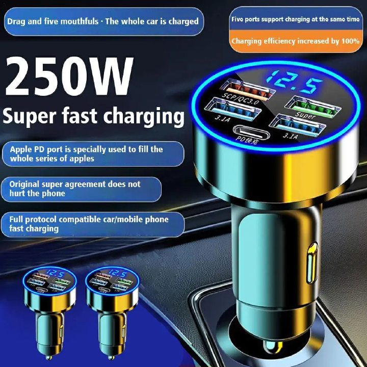 4-port USB Car charger Type C PD 250W Fast charging adapter for Huawei OPPO Oneplus iPhone 14 Pro Max 13 12 11 Mini XS
