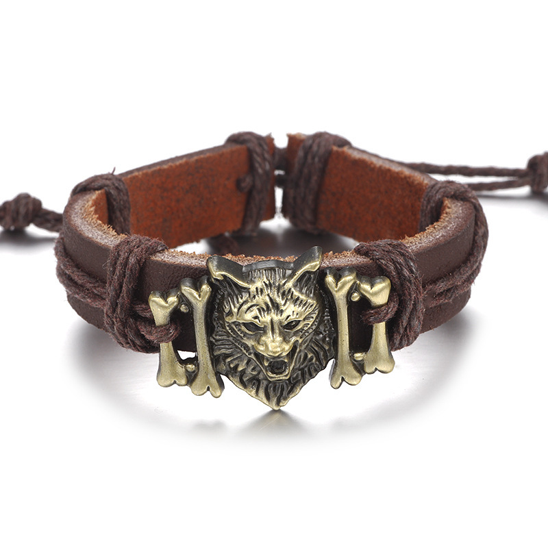 Wolfhead Leather Bracelet - Brown