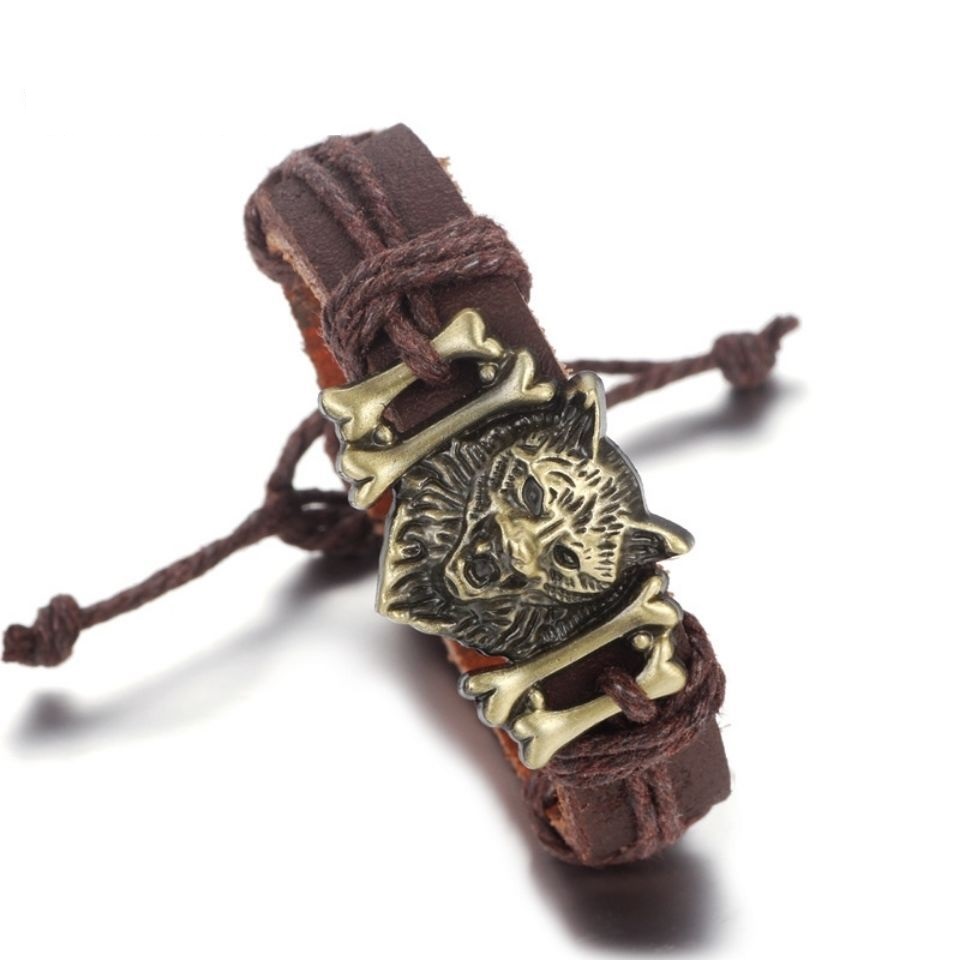 Wolfhead Leather Bracelet - Brown