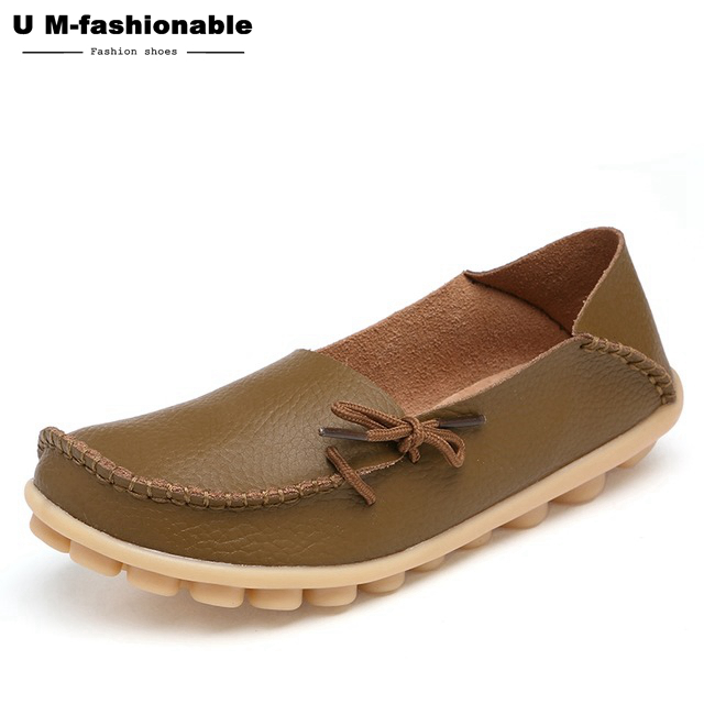 Women Genuine Leather Flat Shoes Woman Slip On Loafers Female Moccasins Colors:21