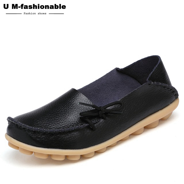 Women Genuine Leather Flat Shoes Woman Slip On Loafers Female Moccasins Colors:21