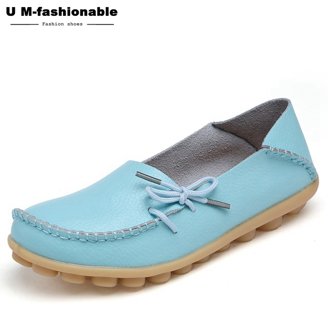 Women Genuine Leather Flat Shoes Woman Slip On Loafers Female Moccasins Colors:21