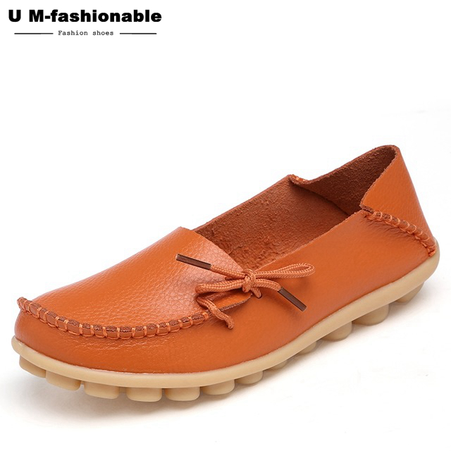 Women Genuine Leather Flat Shoes Woman Slip On Loafers Female Moccasins Colors:21