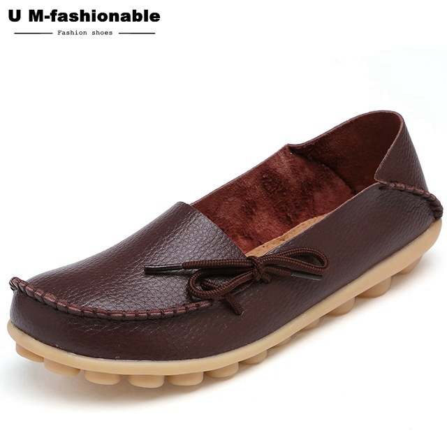 Women Genuine Leather Flat Shoes Woman Slip On Loafers Female Moccasins Colors:21