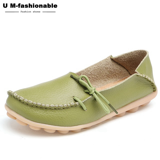 Women Genuine Leather Flat Shoes Woman Slip On Loafers Female Moccasins Colors:21