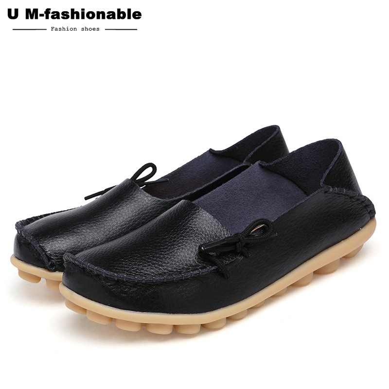 Women Genuine Leather Flat Shoes Woman Slip On Loafers Female Moccasins Colors:21