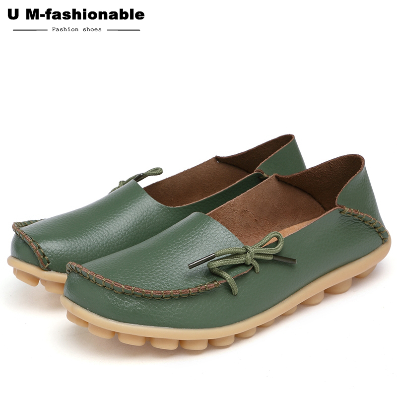 Women Genuine Leather Flat Shoes Woman Slip On Loafers Female Moccasins Colors:21