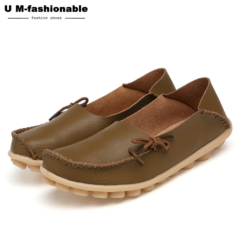 Women Genuine Leather Flat Shoes Woman Slip On Loafers Female Moccasins Colors:21