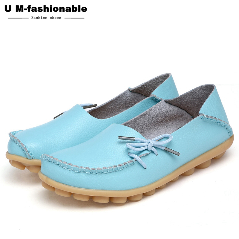 Women Genuine Leather Flat Shoes Woman Slip On Loafers Female Moccasins Colors:21