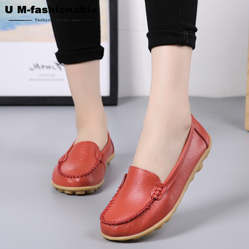 Woman Slip-on Loafers Women High Quality Split Leather Flats Women Plus Size 35-44