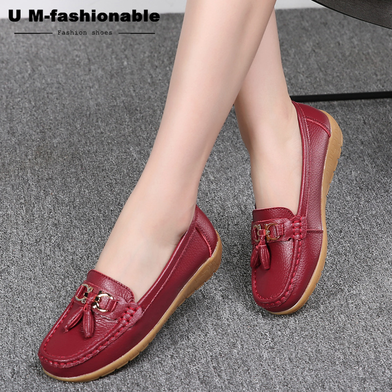 Women Comfy Boat Flats Split Leather Tassel Shoes Woman Slip On Boat Ballet Shoes Female Moccasins