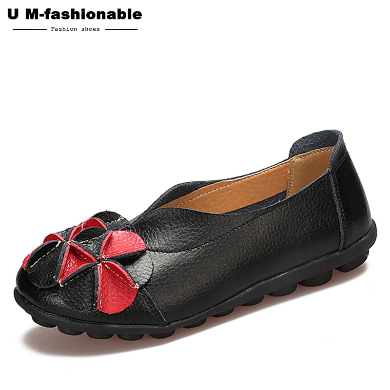 Women Retro Flats Shoes Flower Genuine Leather Slip on Black Moccasins