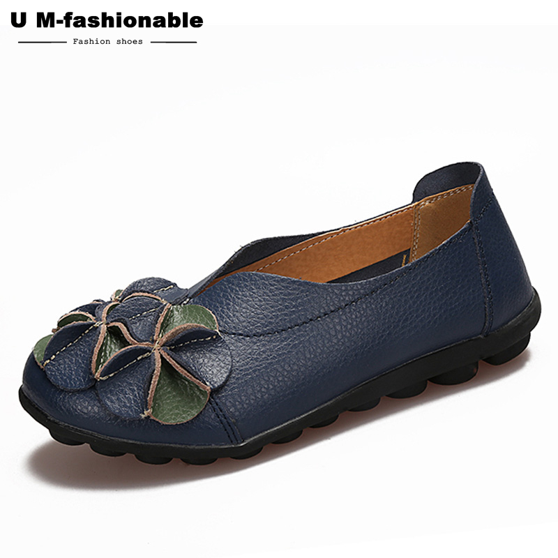 Women Retro Flats Shoes Flower Genuine Leather Slip on Black Moccasins