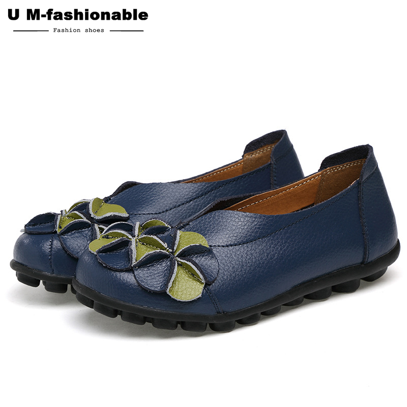 Women Retro Flats Shoes Flower Genuine Leather Slip on Black Moccasins