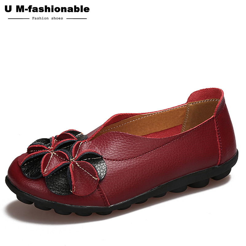 Women Retro Flats Shoes Flower Genuine Leather Slip on Black Moccasins