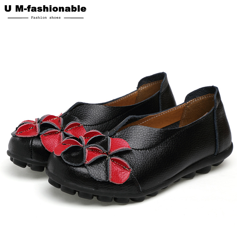 Women Retro Flats Shoes Flower Genuine Leather Slip on Black Moccasins