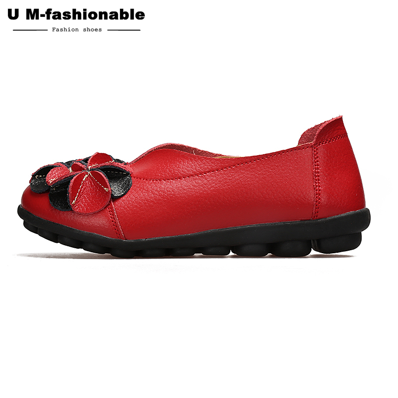 Women Retro Flats Shoes Flower Genuine Leather Slip on Black Moccasins