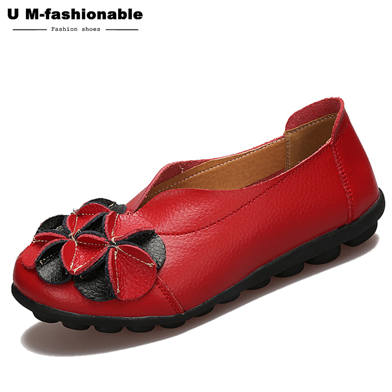 Women Retro Flats Shoes Flower Genuine Leather Slip on Black Moccasins