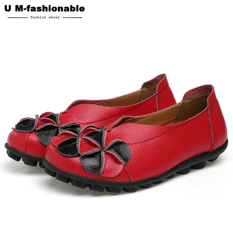 Women Retro Flats Shoes Flower Genuine Leather Slip on Black Moccasins