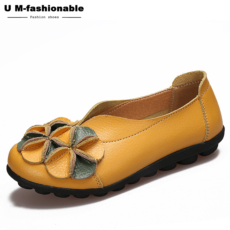 Women Retro Flats Shoes Flower Genuine Leather Slip on Black Moccasins