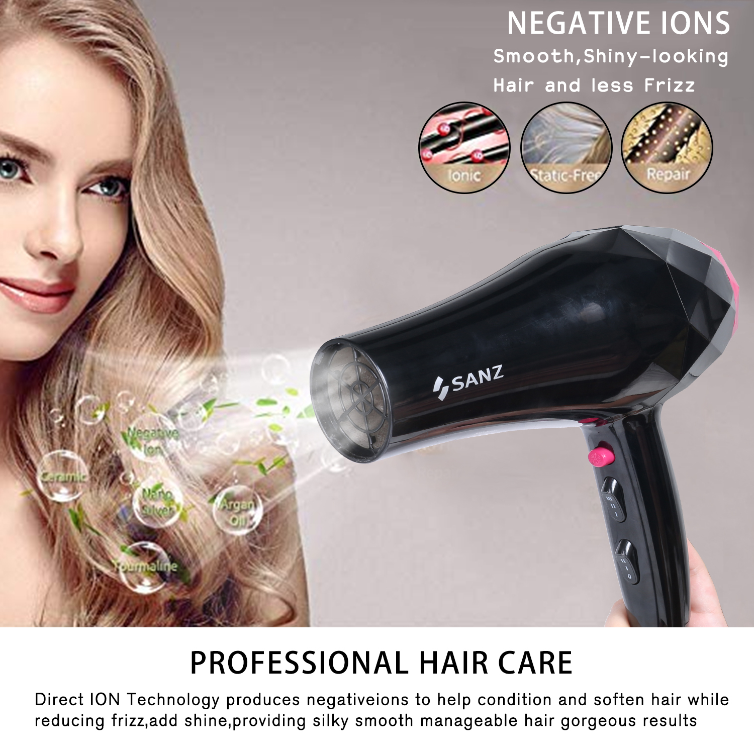 Achieve Salon-Quality Results With The SANZ 9010 Professional Hair Dryer Electric High-Power Salon Hair Blow Dry Does Not Hurt The Hair With Hot And Cold Air, A Must-have For Your Hair Care Ro