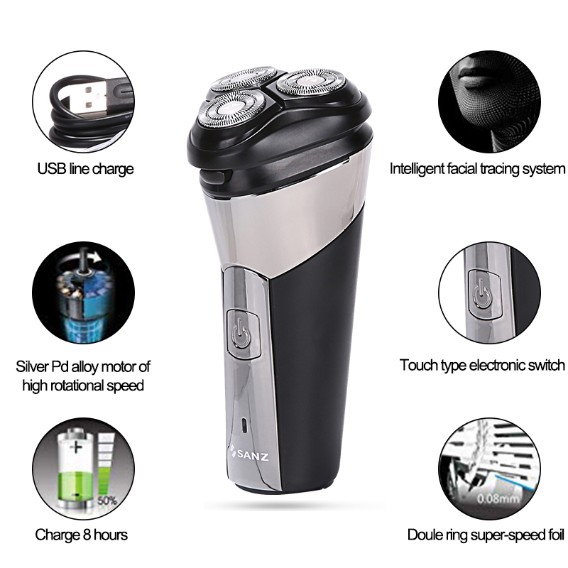SANZ S- 8313 Electric Shaver Rotary Razor Men Cordless Beard shaving machine Wet Dry USB Rechargeable