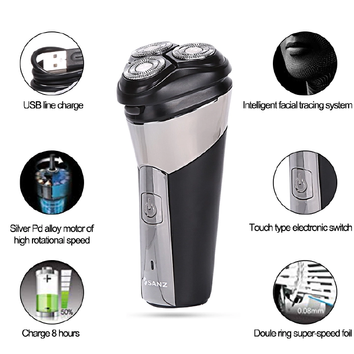 SANZ S- 8313 Electric Shaver Rotary Razor Men Cordless Beard shaving machine Wet Dry USB Rechargeable
