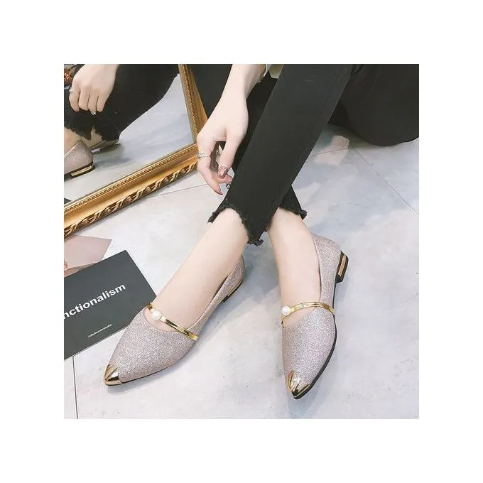 Women Shoes Elegant Glitter Flat Shoes with Pearl & Gold Accent. These Combines Elegance And Comfort, Perfect For Any Occasion. Featuring Glittery Finish, Gold Metallic Accents, And A Chic Pearl Embel