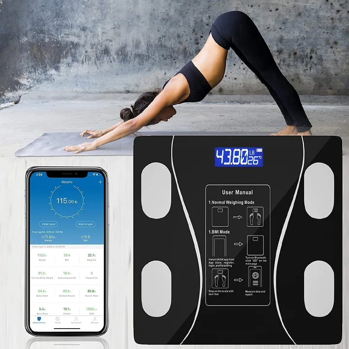 Wireless Intelligent Digital Bathroom Tempered Glass Platform BMI Scale, Body Fat Scale, Body Composition Analyzer with Smartphone Application and Bluetooth synchronous Scale