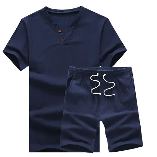 2 Pcs Fashion Men's T-Shirt + Shorts Navy Blue Short set suit Casual Breathable