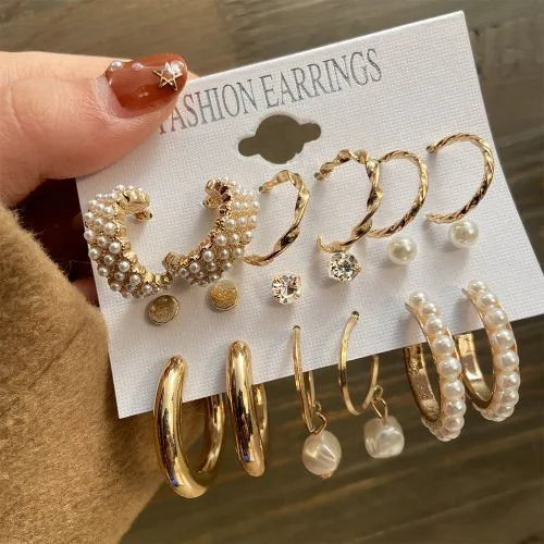 Women Earring Set Pearl Zircon Temperament Stud Geometry- 9 Pair