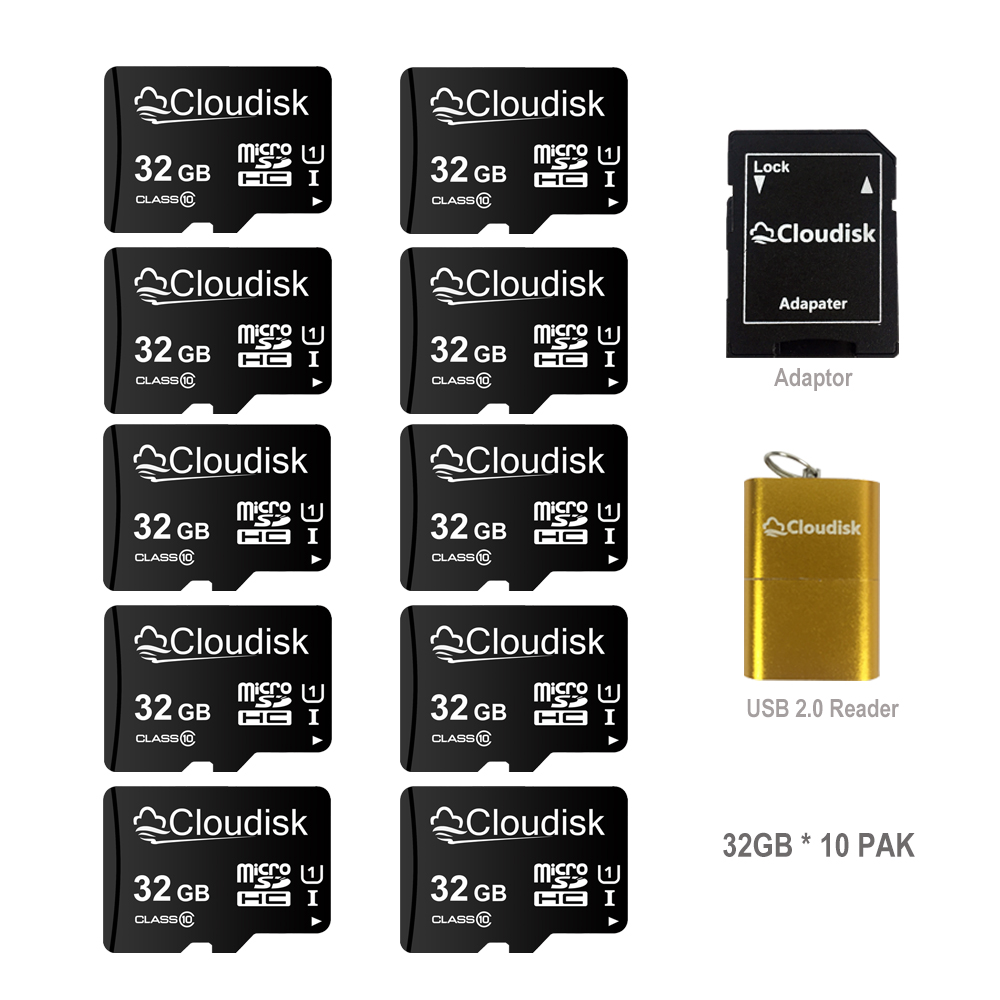 10 Pack Cloudisk Original Micro SD Card 32GB 16GB 8GB Class 10 4GB 2GB C6 1GB 512mb 256MB 128MB C4 with Adapter and Card Reader