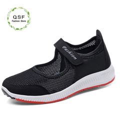 QSF Women Athletic Fashion Casual Sport Flats Shoes Velcro design easy to put on and take off shoes light Non-slip Mesh soft bottom breathable plus-size Women Sneakers women sports Black 38