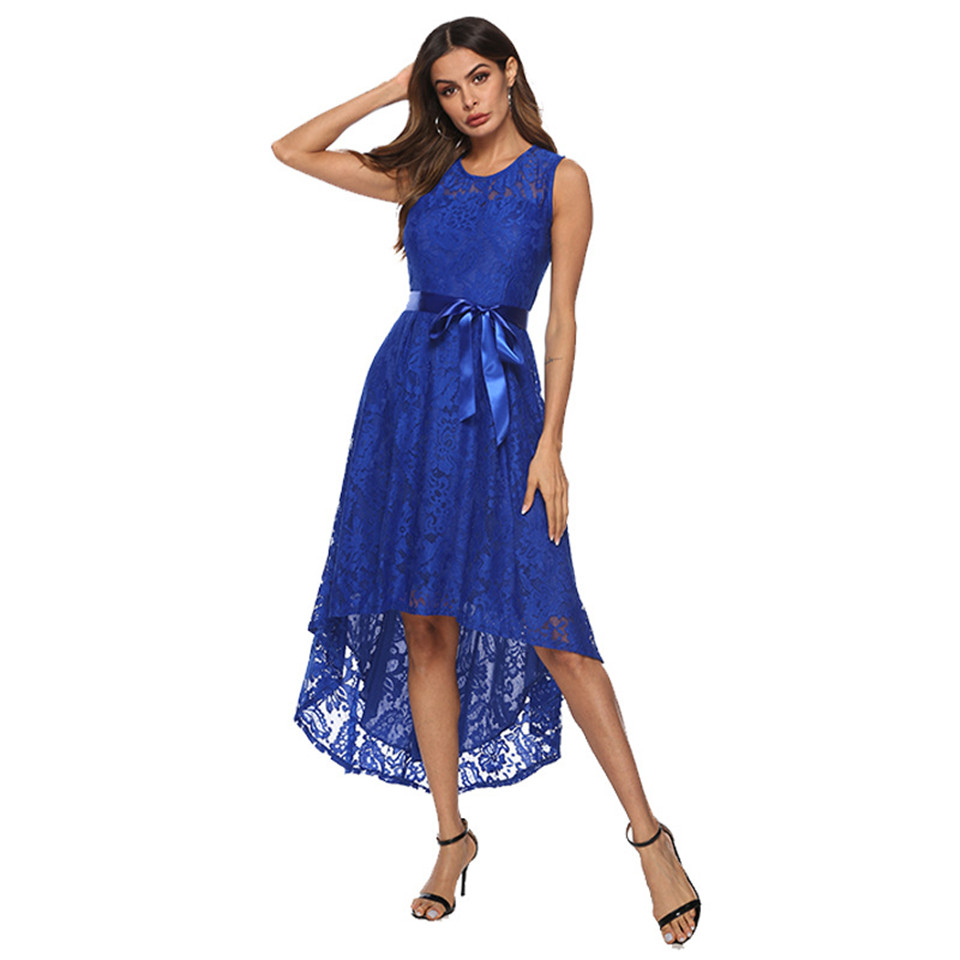 High low sleeveless belted lace outlet dress