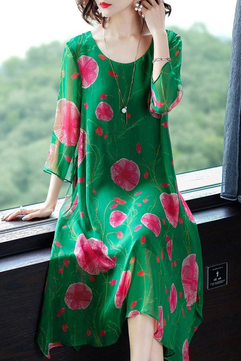 2019 new printed silk dress imitation mulberry silk loose size to cover the meat shows thin skirt