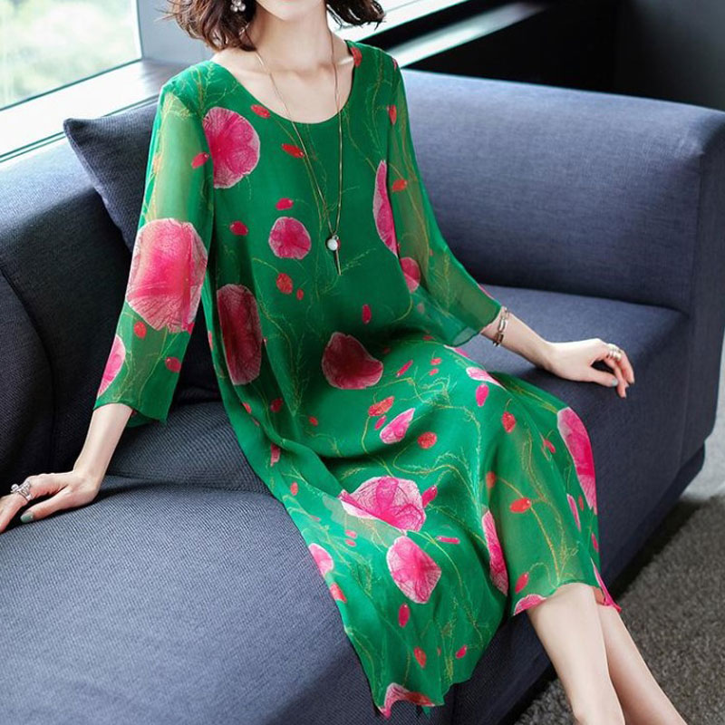 2019 new printed silk dress imitation mulberry silk loose size to cover the meat shows thin skirt