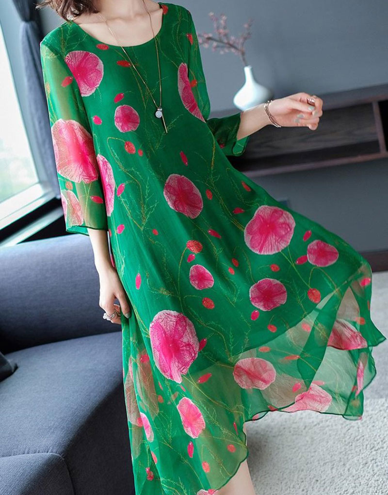2019 new printed silk dress imitation mulberry silk loose size to cover the meat shows thin skirt