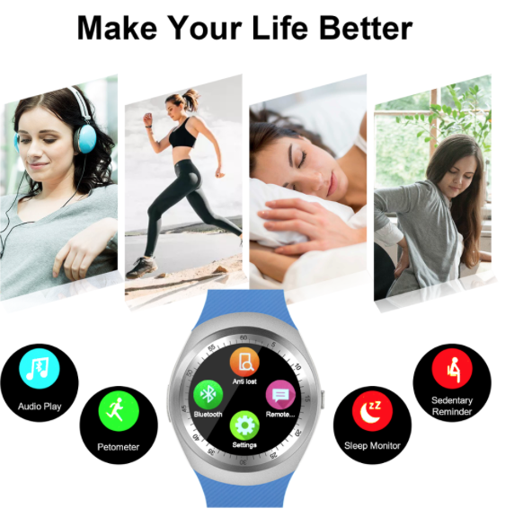 Y1 Smart Watch Touchscreen With Bluetooth Music Player SIM TF Slot Pedometer Sport for Android Ios