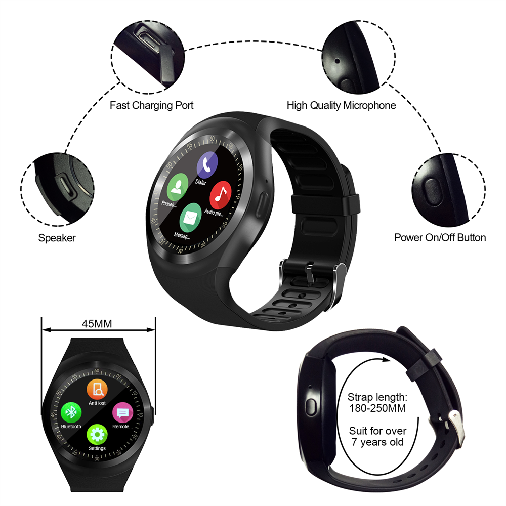 Y1 Smart Watch Touchscreen With Bluetooth Music Player SIM TF Slot Pedometer Sport for Android Ios