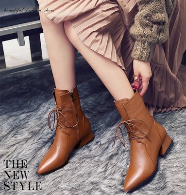Women Boots Block Middle Heels Mid Calf Boots Solid Warm Fur Female Lace Up Pointed Toe Shoes