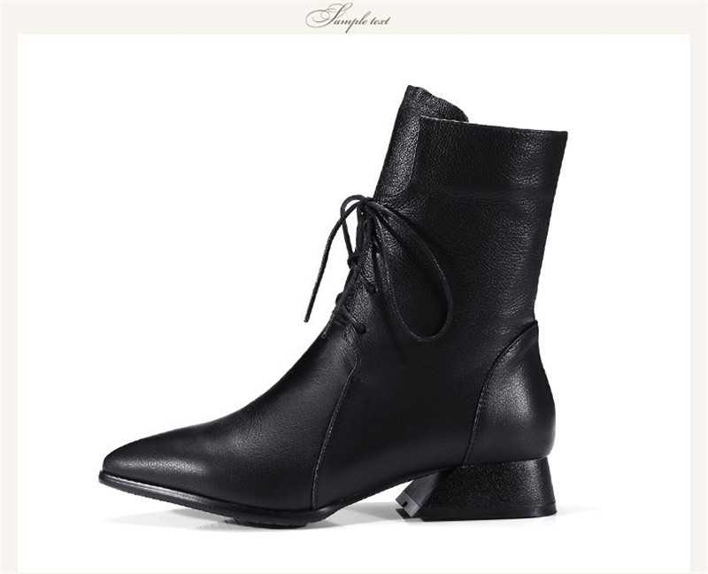 Women Boots Block Middle Heels Mid Calf Boots Solid Warm Fur Female Lace Up Pointed Toe Shoes
