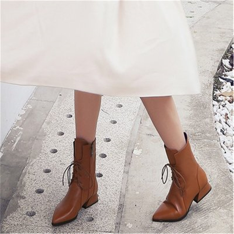 Women Boots Block Middle Heels Mid Calf Boots Solid Warm Fur Female Lace Up Pointed Toe Shoes