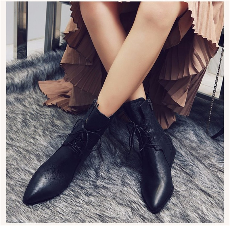 Women Boots Block Middle Heels Mid Calf Boots Solid Warm Fur Female Lace Up Pointed Toe Shoes